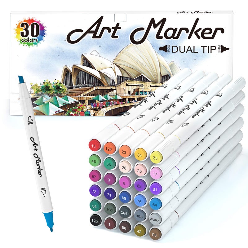 Lelix 30 Colors Art Markers, Dual Tip Permanent Marker Pens Highlighters Perfect for Kids Adults Artist Drawing Sketching Card Making & Coloring Books - Image 1